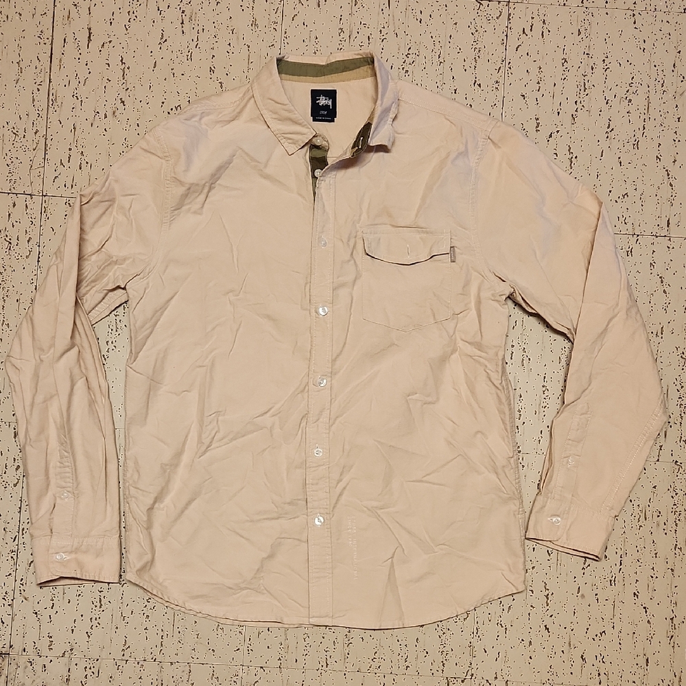Stussy Tan Cream Long Sleeve Button Down Casual Dress Shirt Vintage Y2K